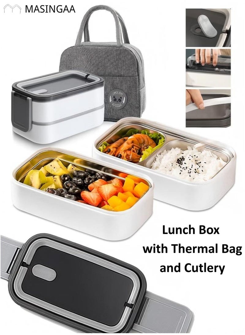 MASINGAA Stainless Steel Lunch Box with Thermal Bag and Cutlery, Double-Layer, Microwave-Safe, Made of 304 Leakproof Stainless Steel, Detachable with Thermal Insulation, Ideal for Adults, Students, Office, or School (1400ml) - Image 1